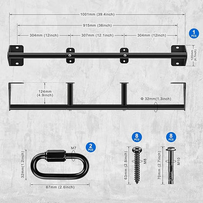 Kipika Wall Mounted Pull Up Bar - Heavy Duty 450 LB Capacity Doorway Chin Up Bar for Home Gym, Sturdy Steel Construction with Resistance Band Hooks | Hanging Exercise Bar for Full Body Workout