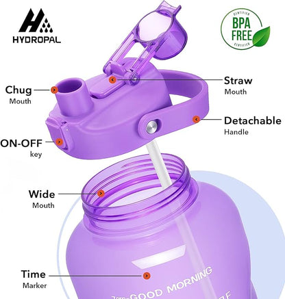 HydroPal 1 Gallon Water Bottles with Straw, 128 oz Water Bottle BPA Free Innovative 2-IN-1 Lid Gym Bottle with Times to Drink Motivational, Large for Sports Fitness Camping Water Jug （13.8X5.5 inch）
