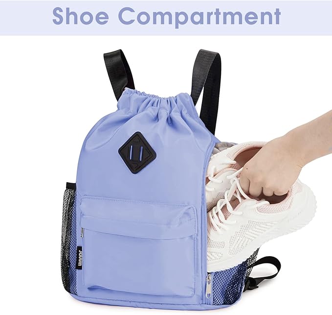 WANDF Drawstring Backpack Sports Gym Bag with Shoes Compartment, Water-Resistant String Backpack Cinch for Women Men (Small,Light Blue)