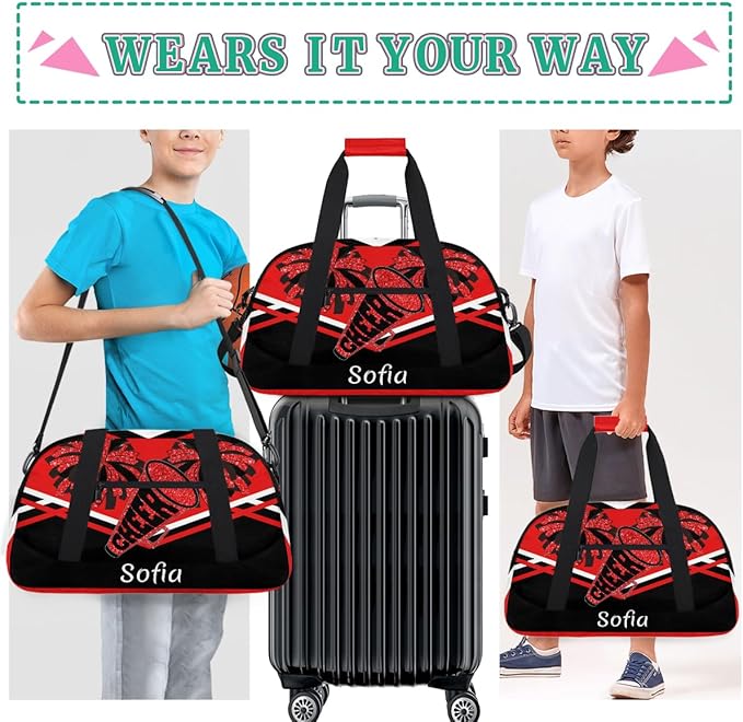 Personalized Gym Cheer Sports Bag Girls, Custom Sport Dance Ballet Duffel Bag Weekender Bags Travel Swimming Shoulder Bag Red Black Design