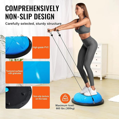 Half Exercise Ball Trainer 23 inch Balance Ball Trainer 1500lbs Capacity Stability Ball with Resistance Bands & Foot Pump, Strength Fitness Ball for Home Gym Full Body Workout