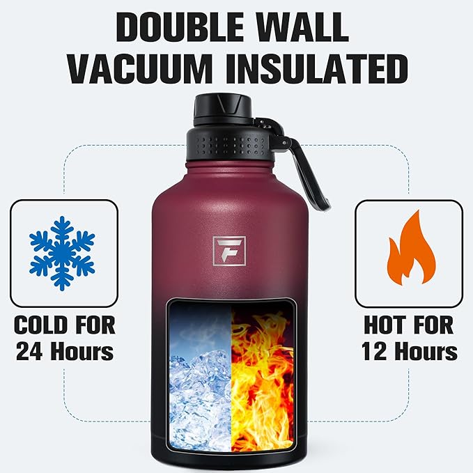 Fanhaw 64 oz Insulated Water Bottle – Large Stainless Steel Jug with 3 Lids (Straw, Spout, Carabiner) | Heavy-Duty, for Camping, Backpacking, Long Hikes & Outdoor Work (Red Black)