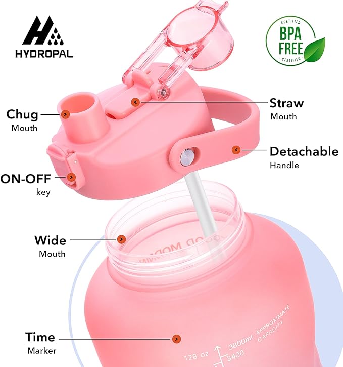 HydroPal 1 Gallon Water Bottles with Straw, 128 oz Water Bottle BPA Free Innovative 2-IN-1 Lid Gym Bottle with Times to Drink Motivational, Large for Sports Fitness Camping Water Jug （13.8X5.5 inch）
