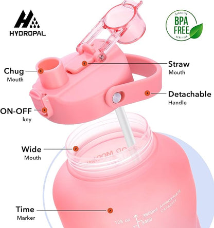HydroPal 1 Gallon Water Bottles with Straw, 128 oz Water Bottle BPA Free Innovative 2-IN-1 Lid Gym Bottle with Times to Drink Motivational, Large for Sports Fitness Camping Water Jug （13.8X5.5 inch）