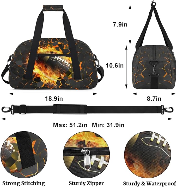 Kids Duffel Bag for Boys - Football Fire Sports Gym Bag Overnight Travel Weekender Bag Lightweight Carry On Sleepovers Bag for School Practice Gymnastics