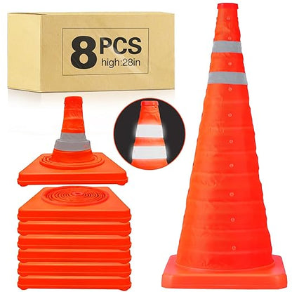TENKAIWICK 28 Inch 8 Pack Traffic Cones, Collapsible Safety Cones, Multi Purpose Pop-up Cones with Reflective Collar, Orange Cones for Parking lot, Driveway, Driving Training etc