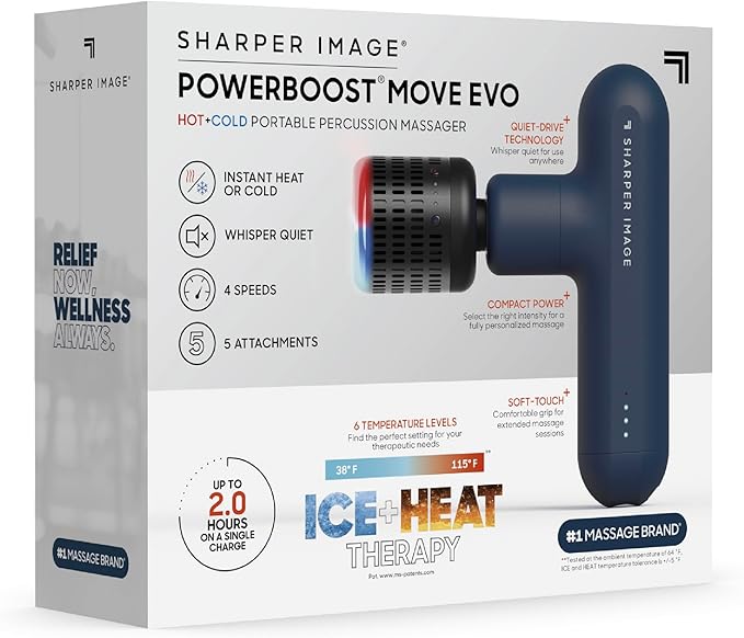 Sharper Image Deep Tissue Percussion Massage Gun, Powerboost Move Evo Hot & Cold Rechargeable Handheld Massager, 4 Adjustable Speeds, 5 Attachment Heads & Carrying Case, for Muscle Pain Relief, Blue
