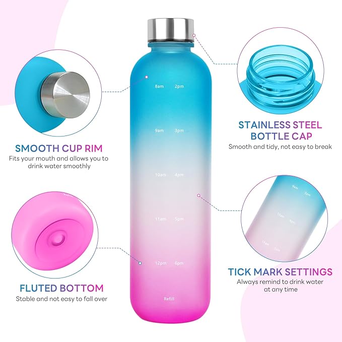 Water Bottle 32 oz, Frosted Style Sports Water Bottles BPA Free Water Bottle With Time Marker,Small mouth Leakproof Water Bottles with Strap for Gym Fitness Hiking Bike Camping (Pink)