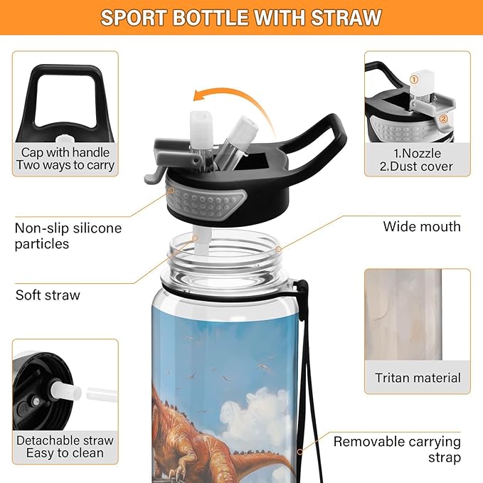 Fustylead T-rex Riding Monster Truck Tritan Water Bottle with Straw and Lids, 32 oz Reusable BPA Free Sport Water Bottle for Gym Camping Hiking Travel