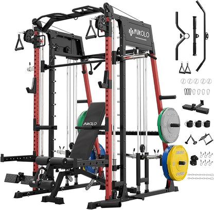 Mikolo M4 2.0 Smith Machine, 2200lbs Squat Rack with LAT-Pull Down System & Cable Crossover Machine, Training Equipment with Leg Hold-Down Attachment