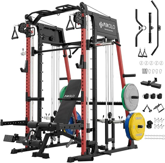 Mikolo M4 2.0 Smith Machine, 2200lbs Squat Rack with LAT-Pull Down System & Cable Crossover Machine, Training Equipment with Leg Hold-Down Attachment