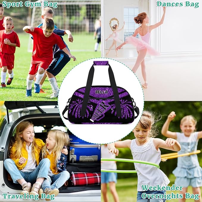 Custom Sports Duffel Cheerleaders Bag Girls, Sports Travel Bag Tote Carry On Weekender Gym Dance Cheer Sleepover Bag, Deep Purple Glittering Sequins Effect Picture Print