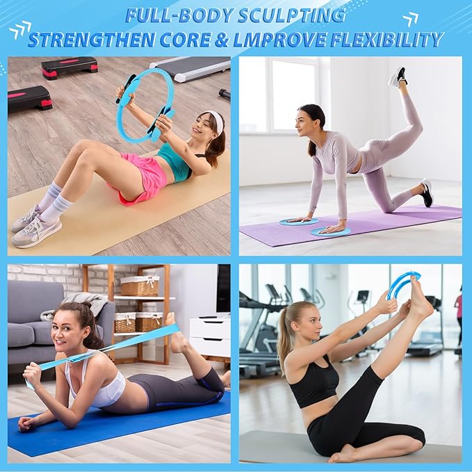 24 Pcs Home Pilates Essentials Kit for Women, Pilates Equipment Ring and Ball Set with Stretching Strap, Water Bottle, Magic Circle, Yoga Ring, Gym Bag, Resistance Band, Anti Slip Socks