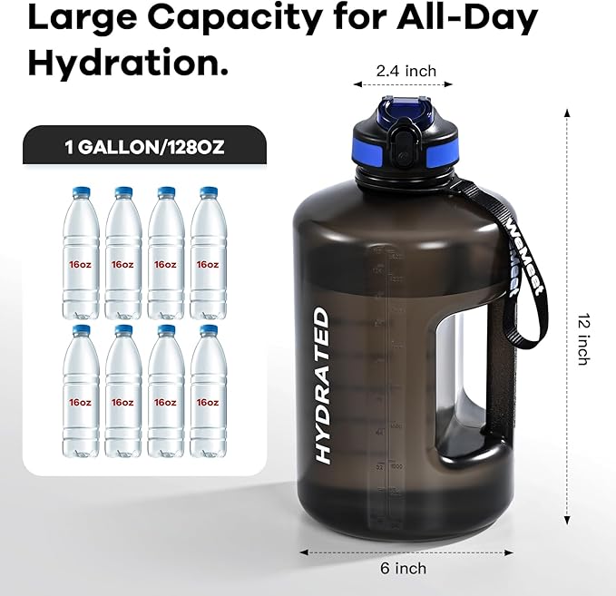 128oz Water Bottle with Time Marker, BPA Free, 1 Gallon Motivational Sports Water Bottle with Straw, for Sports, Outdoor Activities, Fitness Enthusiasts (Black)