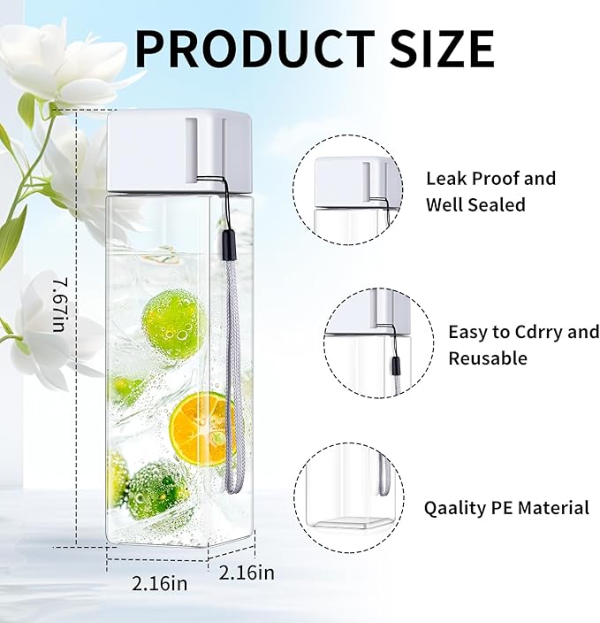 mwellewm 24Pcs Water Bottles Bulk 17 Oz Reusable Plastic Water Bottle Spill Proof Clear White Gym Sports Large Drink Bottle for Adult Leak Square Pack for School Outdoor Fitness Travel Camping Office