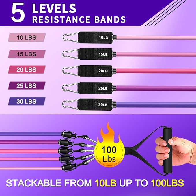 WHATAFIT Resistance Bands Set with Handles - Exercise Bands Home Gym Strength Training Equipment, Includes Door Anchor & Ankle Straps for Full Body Workout Bands, Physical Therapy