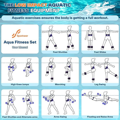 Sportneer Aquatic Exercise Equipment Water Aerobics Combo Set Includes High Density Water Weights Dumbbell Aqua Belt Water Ankle Weights for Pool Exercise Aquatic Therapy Pool Fitness Water Exercise