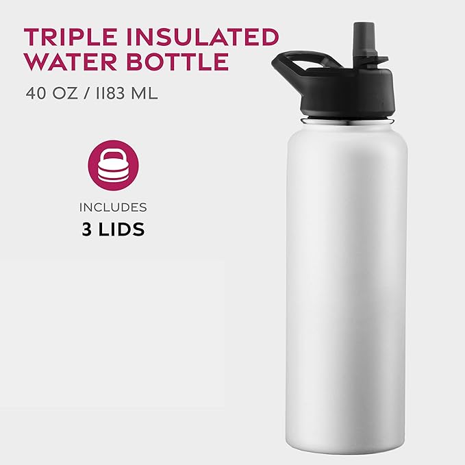FineDine Triple Walled, Insulated Water Bottles with Straw - 40 Oz Stainless Steel Metal Bottle W/ 3 Leak Proof Lids - For Travel, School, Sports, Gym/Men, Women & Kids - Pure Pearly White