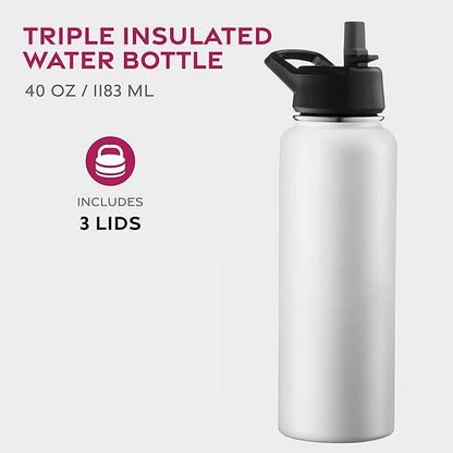 FineDine Triple Walled, Insulated Water Bottles with Straw - 40 Oz Stainless Steel Metal Bottle W/ 3 Leak Proof Lids - For Travel, School, Sports, Gym/Men, Women & Kids - Pure Pearly White