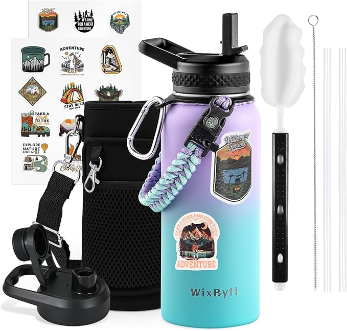 32 oz Insulated Water Bottle with Straw, Stainless Steel Triple Wall Vacuum Sports Water Jug, Leakproof Hydro Cup Flask with Paracord Handle & Straw Spout Lids & DIY Stickers
