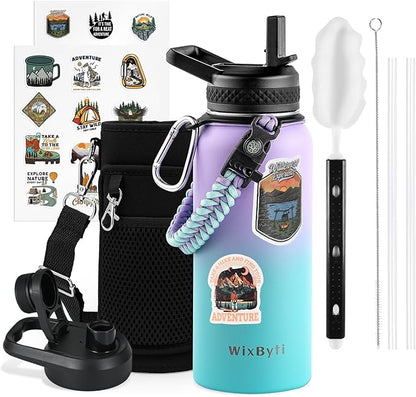 32 oz Insulated Water Bottle with Straw, Stainless Steel Triple Wall Vacuum Sports Water Jug, Leakproof Hydro Cup Flask with Paracord Handle & Straw Spout Lids & DIY Stickers