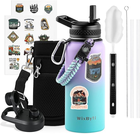 32 oz Insulated Water Bottle with Straw, Stainless Steel Triple Wall Vacuum Sports Water Jug, Leakproof Hydro Cup Flask with Paracord Handle & Straw Spout Lids & DIY Stickers