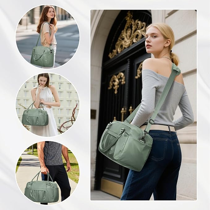 Travel Duffel Bag for Women - Small Waterproof Weekender Tote Carry on Bag with Shoe Compartment, Wet Pocket & Trolley Sleeve - Ideal for Gym, Yoga, Swim, Dance & Workout Green