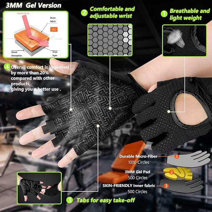 MOREOK Workout Gloves for Men/Women- [3/4 Finger] [Curved Open Back] Weight Lifting Gloves Gym Gloves for Weightlifting,Exercise,Training,Pull ups,Fitness and Rowing