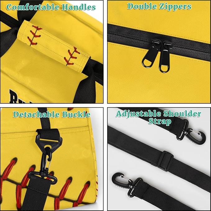 Personalized Sports Training Bag for Boys, Custom Name Baseball Carry On Weekender Gymnastics Gym Bag for Men Travel Business Trip, Yellow Baseball