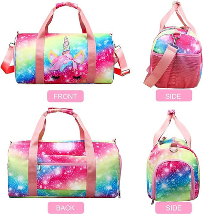 Gym Travel Duffle Bag for Girls - Gymnastics Sports Dance Bag with Shoe Compartment & Wet Pocket Unicorn Kids Travel Bag Teens Weekender Sleepover Carry
