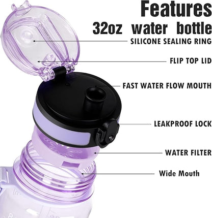 OLDLEY Water Bottle, 32oz Motivational Sports Water Bottle with Time Marker - Times to Drink - Tritan, BPA Free, Wide Mouth Leakproof,Anniversary Birthday Gifts for Men Women, Amethyst (1 Bottle)