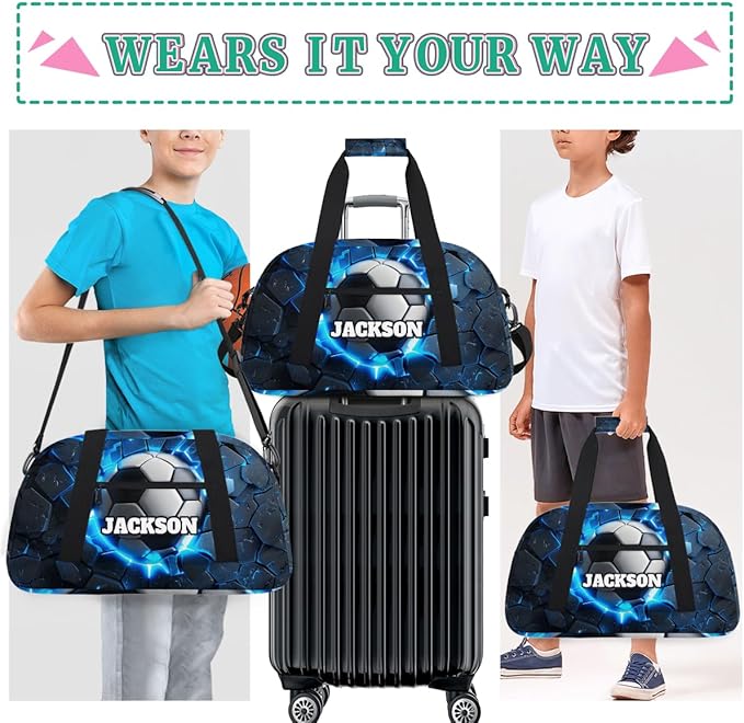 Personalized Soccer Gym Duffel Bags for Kids Boys with Custom Name Sport Training Travel Bags for Overnight Weekender, Dark Blue
