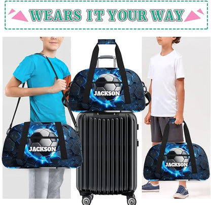 Personalized Soccer Gym Duffel Bags for Kids Boys with Custom Name Sport Training Travel Bags for Overnight Weekender, Dark Blue