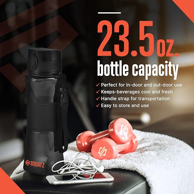 SQUATZ 24 Oz Poseidon Series Water Bottle with Shaker Ball - Premium Quality Wide Mouth Gym Flask w/Fruit Infuser Strainer, Fixed Buckle Carrying Strap, Zero Condensation Sleeve, Black