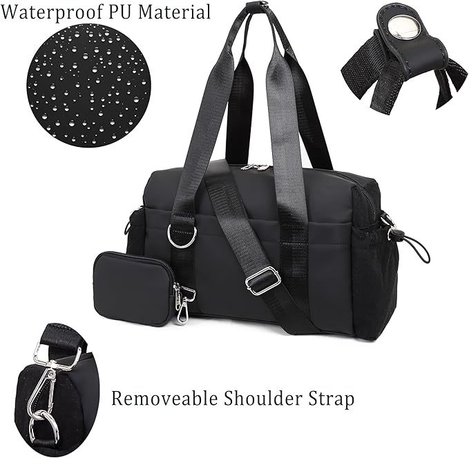 Everyday Mini Gym Bag for Women 2.0, Small Tote with Zipper Compartment Waterproof Travel Duffle Cute Handbag Workout Carry On with Removeable Shoulder Strap & Coin Wallet Easy to Clean - Black