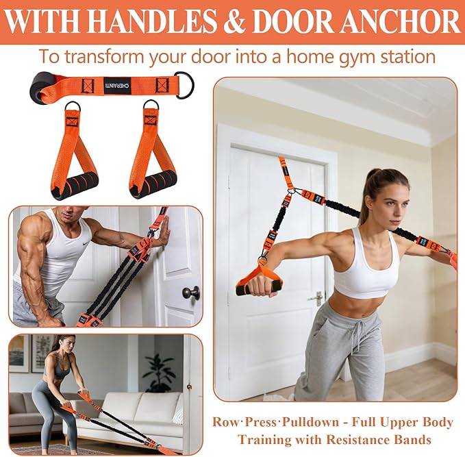 CHERAINTI Pull Up Assistance Bands, 375lbs Heavy Duty Pullup Assist Band Set with 5 Resistance Bands, Adjustable Strap, Comfortable Foot/Knee Rest, Handles & Door Anchor for Home Gym Strength Training