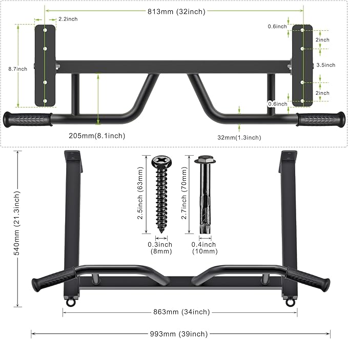 Kipika 32" Ceiling Mounted Pull Up Bar - Heavy Duty, Highly Adjustable, Multifunctional Chin Up Bar - Home Gym System with Punching Bag Hanger and Resistance Bands Training