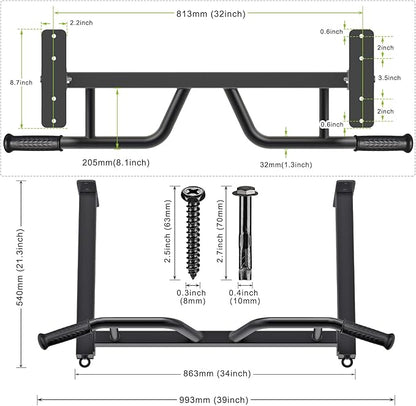 Kipika 32" Ceiling Mounted Pull Up Bar - Heavy Duty, Highly Adjustable, Multifunctional Chin Up Bar - Home Gym System with Punching Bag Hanger and Resistance Bands Training