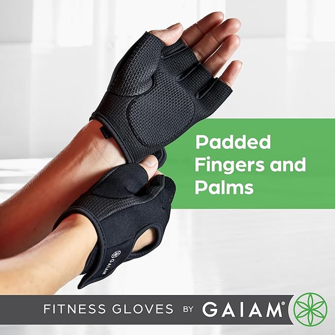 Gaiam Fitness Fingerless Gloves for Weight Training (Black/Black), Padded Palm, Breathable Mesh, Adjustable Velcro Fit & Comfort Grip for Weight Lifting, Workout Gloves for Men & Women