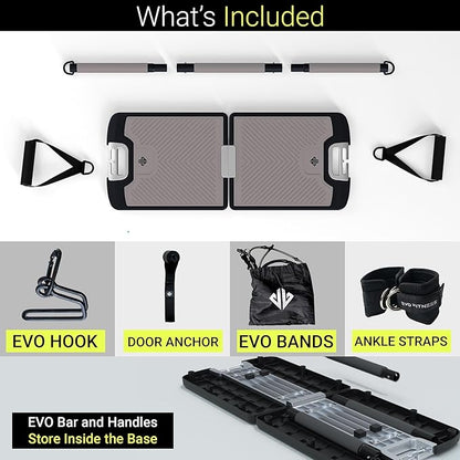 EVO Gym - Portable Home Gym Strength Training Equipment, At Home Gym | All in One Gym - Resistance Bands, Base Holds Gym Bar & Handles for Travel | Portable Gym & Home Exercise Equipment
