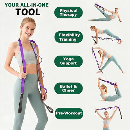 Stretching Strap with 10 Loops – Non-Elastic Yoga Strap for Physical Therapy, Knee Replacement Recovery & Plantar Fasciitis – Leg Stretcher Band for Flexibility & Hamstring Rehab