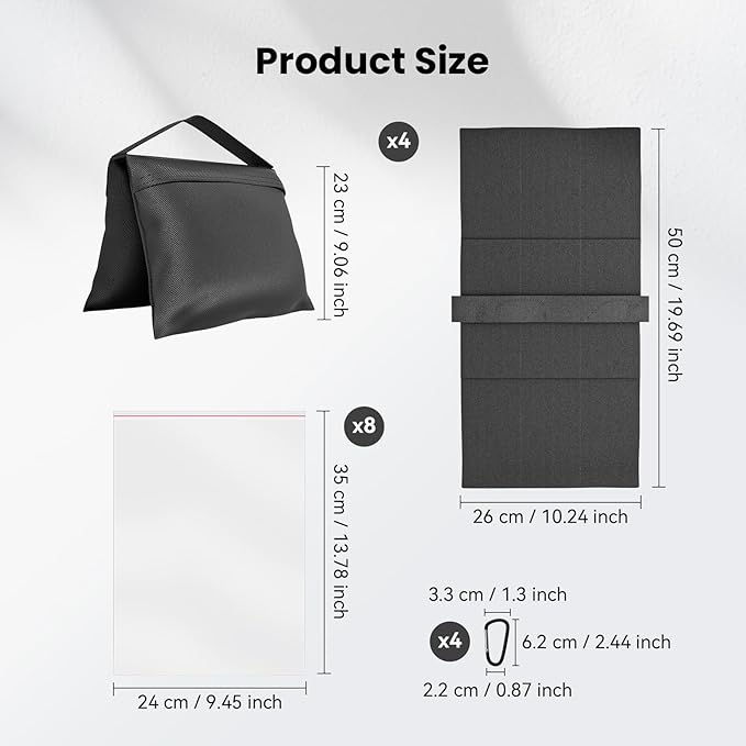 4 Pack Sandbags with 8 Bags & 4 Hooks, Heavy Duty Weight Bags for Stabilizing Stands, Photo Studio Equipment, Tripod, Backdrop Support, Canopy, Tent Base (Empty Sand Bags)