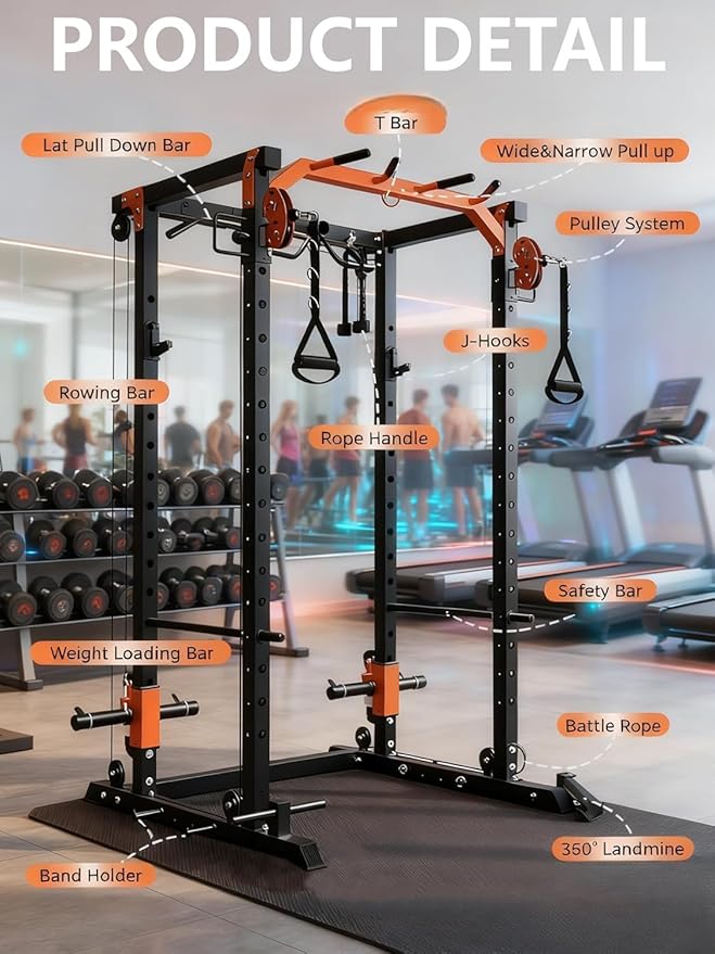 Power Cage for Home Gym, 2000LBS Power Squat Rack with Cable Crossover & Pulley System, Workout Cage Smith Machine for Full Body Strength Training