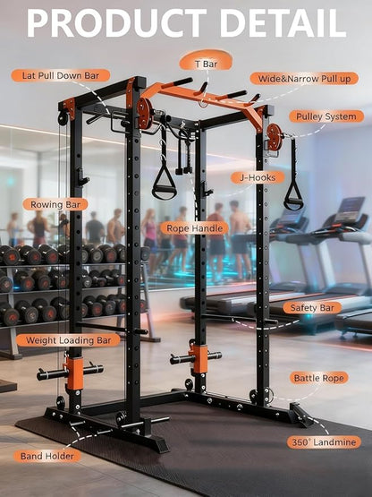Power Cage for Home Gym, 2000LBS Power Squat Rack with Cable Crossover & Pulley System, Workout Cage Smith Machine for Full Body Strength Training