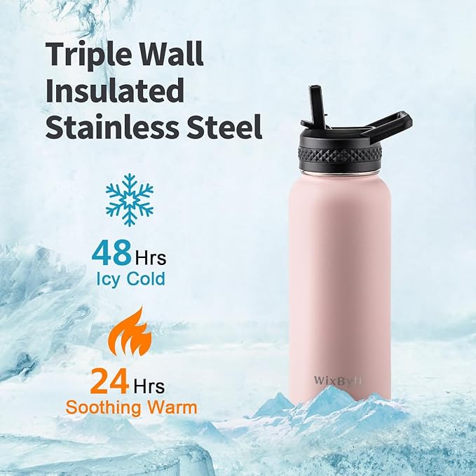 32 oz Insulated Water Bottle with Straw, Stainless Steel Triple Wall Vacuum Sports Water Jug, Leakproof Hydro Cup Flask with Paracord Handle & Straw Spout Lids & DIY Stickers