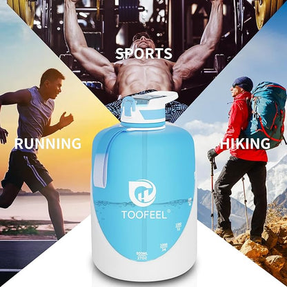 TOOFEEL 1 Gallon Water Bottle with Straw & Chug Lid,BPA Free,Leak-Proof, Dishwasher Safe,128 oz Large Water Jug with Strap,Sports & Travel & Gym Water Bottle for Men and Women - Light Blue and White