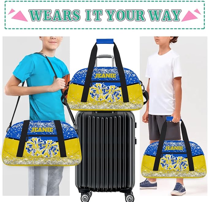 Personalized Cheer Gym Bags for Girls Kids Cheerleaders with Custom Name Sport Dance Perform Training Duffel Bags for Overnight Weekender Travel Blue Yellow