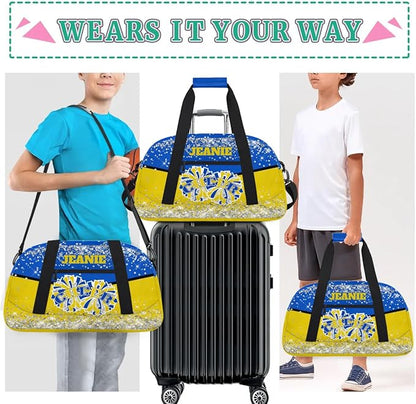 Personalized Cheer Gym Bags for Girls Kids Cheerleaders with Custom Name Sport Dance Perform Training Duffel Bags for Overnight Weekender Travel Blue Yellow