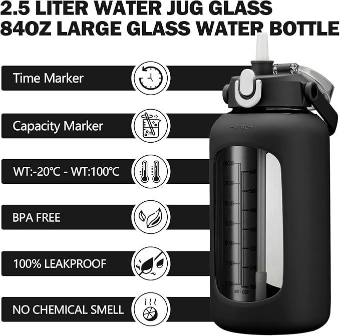 kytffu 84oz Glass Water Bottle with Straw, 2.5 Liter Large Water Bottle with Silicone Sleeve and OZ Marker, Wide Mouth Gallon Glass Bottle with 2-in-1 Lid, Leakproof Water Jug for Gym Home, Black