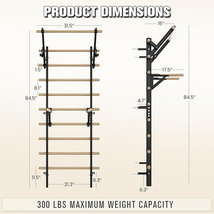 Swedish Ladder Wall Gym, Stall Bar Home Gym with Adjustable Pull-Up Bar, Dip Bar Attachments & 2pcs Resistance Band, 9 Strategic Rods for Core Strengthening and Stretching Balanced for Body Exercise